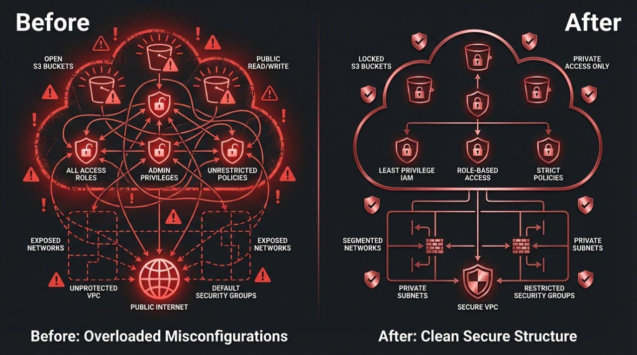 Cloud misconfigurations versus structured secure cloud architecture comparison.