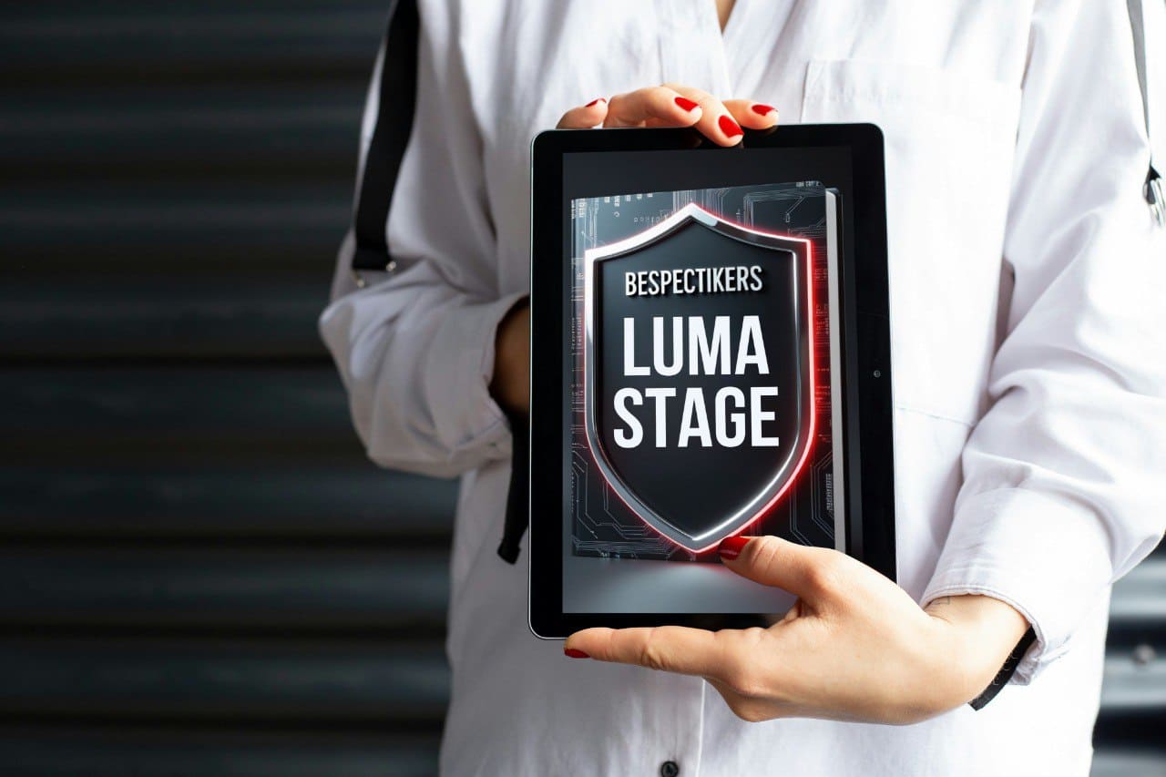 person holding tablet where course cover says "Luma Stage"