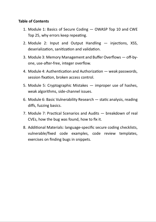 Table of contents for a security coding and vulnerability assessment course.