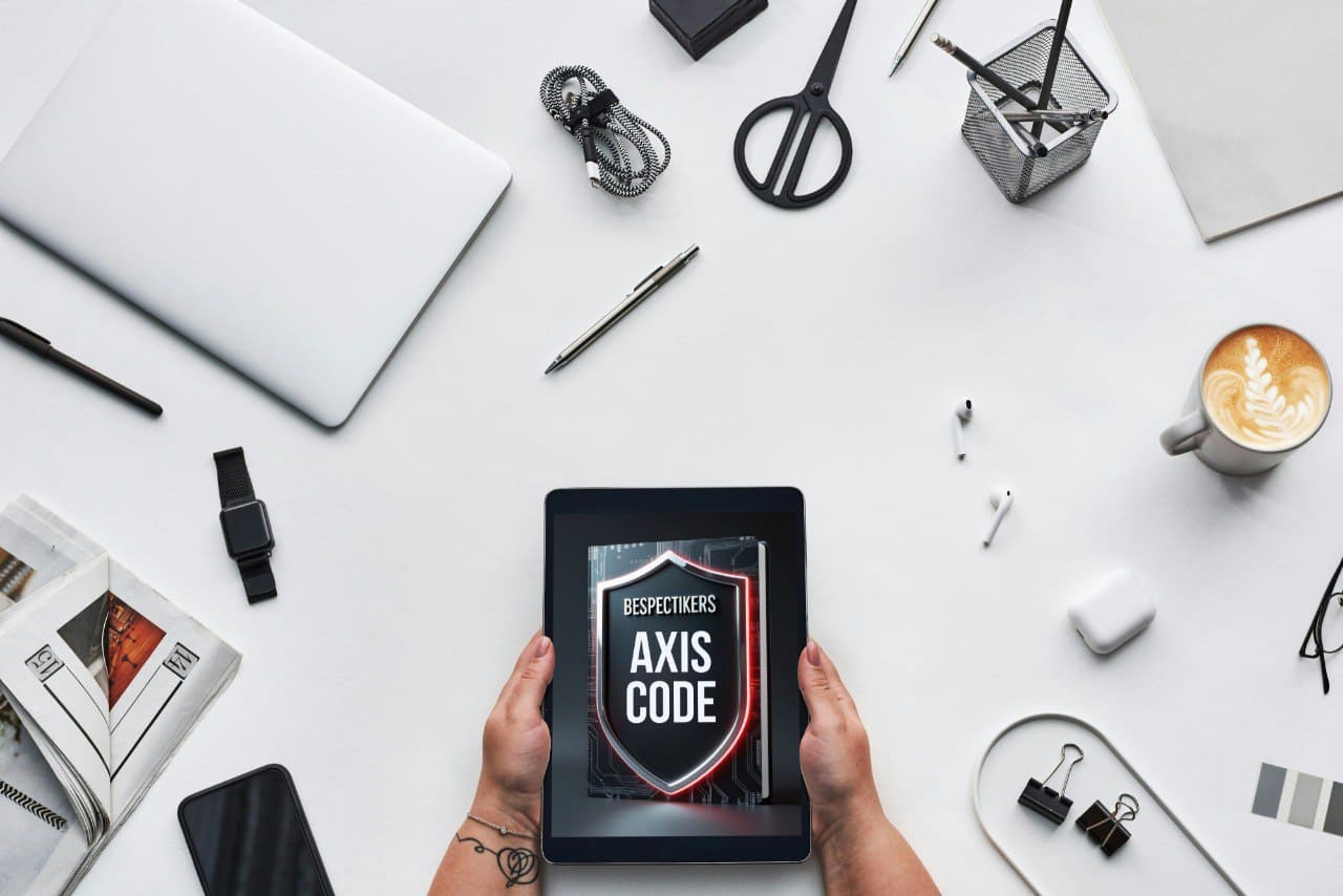 person holding tablet where course cover says "Axis Code"