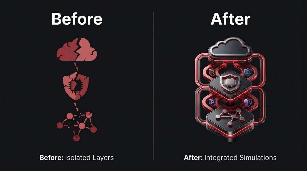 Isolated security layers versus integrated simulation stack.