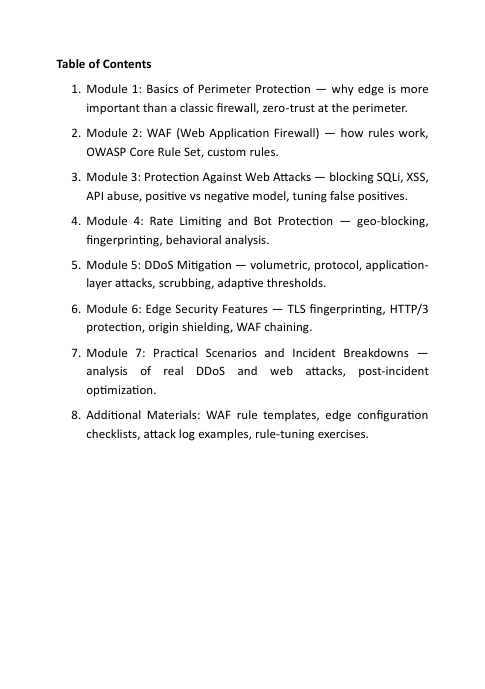 Table of contents for a cybersecurity training program on perimeter protection and web application firewalling.