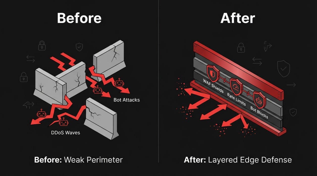 Weak perimeter defenses versus layered edge protection system.